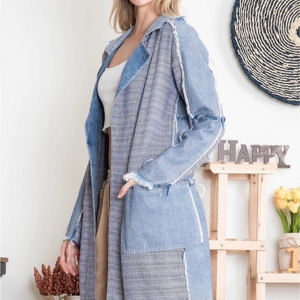 New Blue Velvet Denim patchwork long jacket size XL